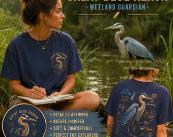 Blue Heron Field Guide T-Shirt | Vintage Nature Illustration, Wetland Bird Apparel