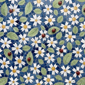 May include: A mosaic tile design featuring white daisies with yellow centers, green leaves, and red ladybugs on a blue background. The mosaic is made of small, square tiles, creating a textured appearance.