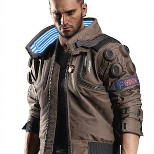 Handmade Embroidered Patch Cyberpunk 2077 Samurai V Leather Bomber Jacket | LED Collar Gaming Cosplay