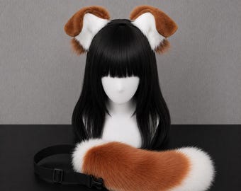 Conjunto de orejas y cola de perro peludo – Diadema de animal de cosplay de anime naranja y blanco, orejas de cachorro de peluche, accesorios para fursuit, equipo de cosplay kawaii