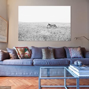 Puede incluir: Fotograf&iacute;a en blanco y negro de una cebra descansando en un campo de hierba. La obra de arte se exhibe sobre un sof&aacute; azul con cojines decorativos. La habitaci&oacute;n tiene una est&eacute;tica moderna con una mesa de centro de cristal.