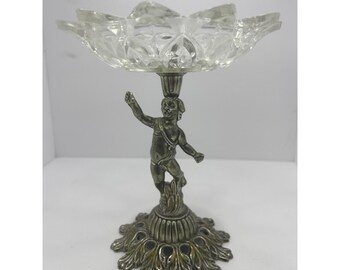 Piatto centrotavola vintage anni '60-'70 in vetro e metallo fuso con cherubino nudo, 18 cm (7 pollici).