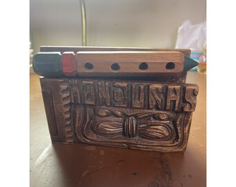 Portapenne e portacarte in legno intagliato a mano, proveniente dall'Honduras, stile vintage.