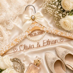 Wedding Personalized Bridal hanger with date engraved, Engagement gifts, Wire script name hanger