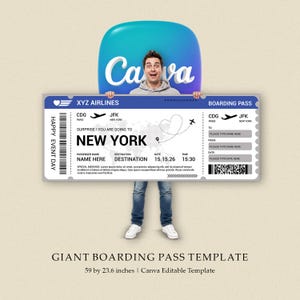 Könnte beinhalten: Eine riesige Bordkarten-Vorlage mit XYZ Airlines Branding, einer Flugroute von CDG nach JFK und dem Text Surprise! You are going to New York. Das weiße, rechteckige Ticket enthält Felder für Passagiername, Zielort, Datum und Uhrzeit.