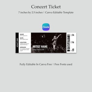 Op de afbeelding: Een zwart-wit concertticket sjabloon van 17,78 cm bij 6,35 cm. Het ontwerp toont een artiest op het podium, tijdelijke aanduidingen voor naam, datum, locatie en bericht, een streepjescode en stoelinformatie. Een bewerkbaar Canva-sjabloon.