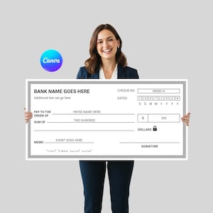 Op de afbeelding: Een grote, rechthoekige presentatiecheque met een zwart-witte rand in een Grieks patroon. De cheque bevat velden voor banknaam, begunstigde, datum 13 07 2026, bedrag 200 dollar, memo en handtekeninglijnen.
