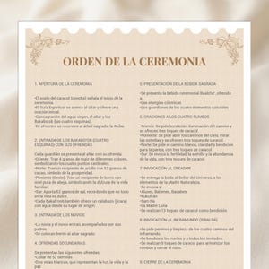 May include: A beige paper with the title "ORDEN DE LA CEREMONIA" in large, dark brown letters. The document details a ceremony with numbered sections, including prayers, offerings, and invocations. Text is in Spanish.