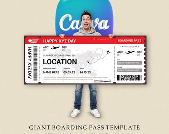Giant Boarding Pass Template | Editable Canva, Air plane ticket template | Printable Big size travel ticket