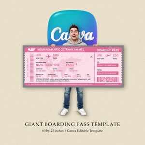 Könnte beinhalten: Eine riesige rosa Bordkarten-Vorlage mit den Maßen 152,4 mal 63,5 cm, die den Text YOUR ROMANTIC GETAWAY AWAITS, JFK nach CDG sowie Platzhalter für Namen, Daten und Flugdetails enthält, mit einer Weltkarte als grafischem Hintergrund.