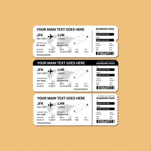 May include: Three rectangular boarding pass templates featuring black text and graphics on a white background. Each pass includes a world map, a heart-shaped flight path, placeholders for passenger names, flight details, and a barcode at the right side.