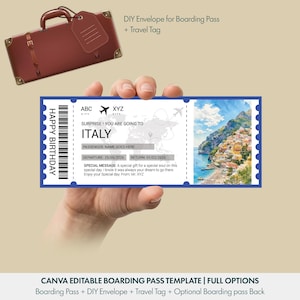 Op de afbeelding: Een printbaar instapkaart-sjabloon met een blauwe rand, een streepjescode en de tekst HAPPY BIRTHDAY en SURPRISE! YOU ARE GOING TO ITALY. Het ontwerp bevat een kaartafbeelding, vluchtgegevens en een afbeelding van een Italiaans kustlandschap.