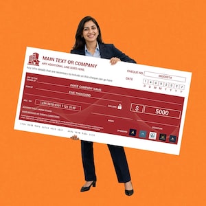 May include: A large, rectangular novelty presentation cheque in white and deep red. It features fields for payee, amount, date, and signature, with text reading MAIN TEXT OR COMPANY, PAYEE COMPANY NAME, FIVE THOUSAND, and 5000 dollars.