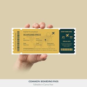 May include: A yellow and teal boarding pass with the text "BOARDING PASS" and "Surprise! You are going to". The pass includes fields for name, date, time, and destination. The text "Happy Birthday/ Anniversary/ Event" is also visible.