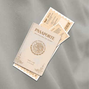 May include: A beige passport-style wedding invitation with the text "PASAPORTE INVITACION DE BODA" and "ESTADOS UNIDOS MEXICANOS". Includes an RSVP card and a smaller card with the names "Katie Y Asif" and the date "12/12/2026".