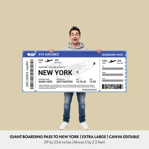 May include: A large blue boarding pass, held by a person, for a flight to New York from CDG to JFK with XYZ Airlines. The pass, measuring approximately 150 x 60 cm, has the text "SURPRISE! YOU ARE GOING TO NEW YORK" printed on it.