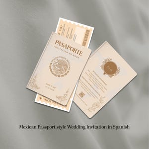 May include: A beige passport-style wedding invitation with gold detailing. The invitation reads "PASAPORTE" and "INVITACIÓN DE BODA". An RSVP card and guest details are included. The text "Katie Y Asif 12/12/2026" is also visible on the invitation.