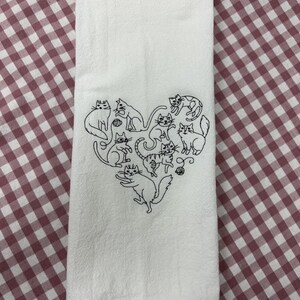 Cats in Heart Dish Towel, Cats in Heart Hand Towel, Cotton  Kitchen Towel, Embroidered Tea Towel, Cat Flour Sack Towel, Tea Towel