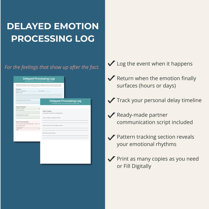 May include: A teal graphic with the text "DELAYED EMOTION PROCESSING LOG" and "For the feelings that show up after the fact." Two printable forms are shown. Bullet points list features, including a partner communication script and pattern tracking.