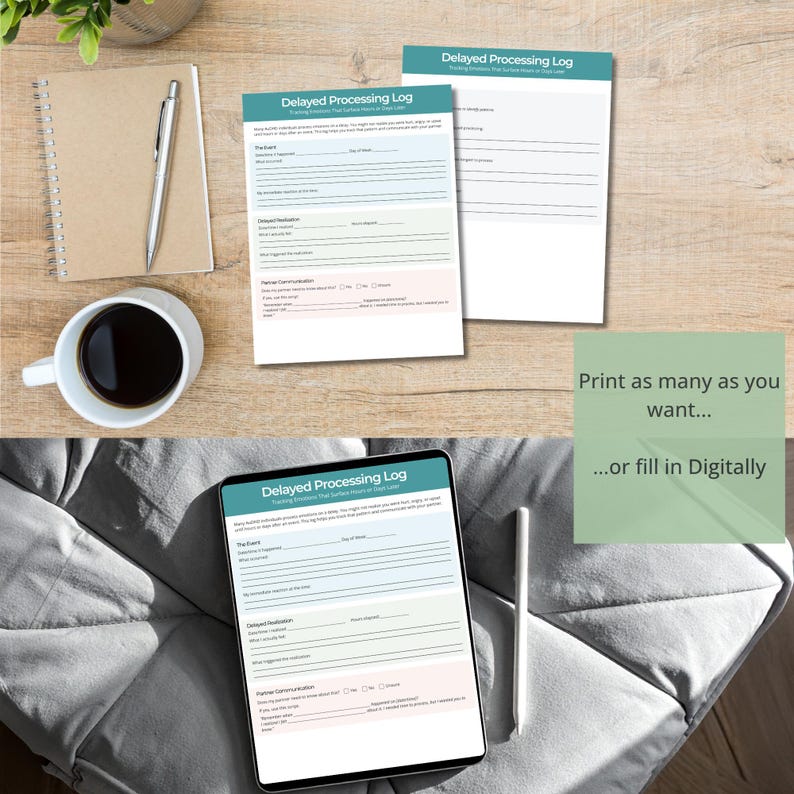 May include: A wooden surface displays a notepad, pen, and coffee cup. Two printed "Delayed Processing Log" forms are visible, alongside a tablet showing the same form. The text reads "Print as many as you want... or fill in Digitally."