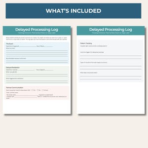 May include: Two-page spread of a printable planner titled "Delayed Processing Log." The left page includes sections for tracking events, reactions, and partner communication. The right page focuses on pattern tracking.