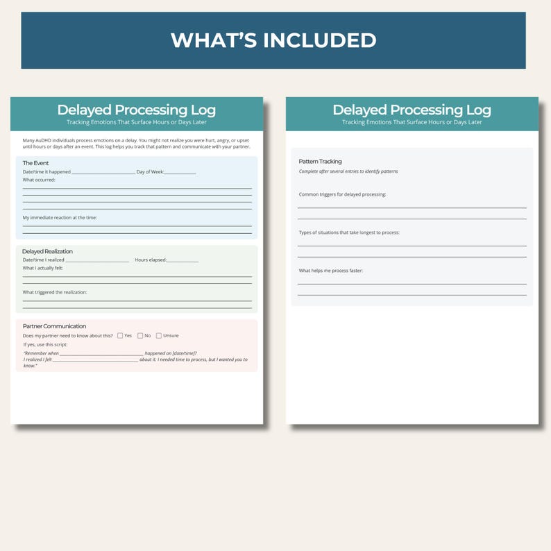 May include: Two-page spread of a printable planner titled "Delayed Processing Log." The left page includes sections for tracking events, reactions, and partner communication. The right page focuses on pattern tracking.