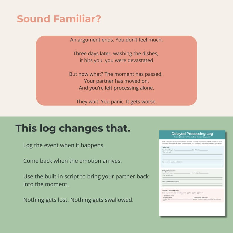 May include: An image with text in a pink and green colour scheme. The text reads "Sound Familiar?" and "This log changes that." A form titled "Delayed Processing Log" is also shown. The image is designed to help with delayed processing.