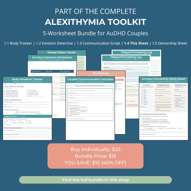 May include: A set of five worksheets for AuDHD couples, including a body tracker, emotion detective, and communication script. The worksheets are part of the "Alexithymia Toolkit" and are designed to aid emotional understanding.