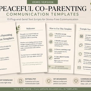 Könnte beinhalten: Digitale Vorlagen für eine friedliche Kommunikation in der Co-Elternschaft. Das Bild zeigt Textskripte für eine stressfreie Kommunikation. Enthält "Sofort-Download" und "15 Textskripte."