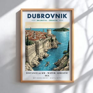 Peut inclure: Une affiche de voyage encadrée de Dubrovnik, Croatie, montrant une forteresse en pierre surplombant la mer Adriatique avec un kayakiste. Texte : DUBROVNIK, DALMATIA, CROATIA, DISTANCE 10 KM, WATER: ADRIATIC SEA, BEST SEASON: MAY-OCT, 42.64 N, 18.11 E.