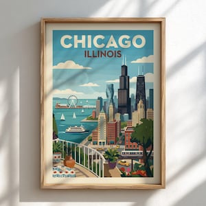 Chicago-affisch | Väggkonst med Illinois skyline | Resetryck från USA | Oinramad