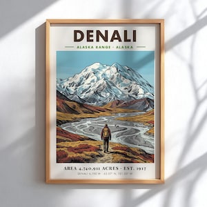 Puede incluir: Un póster enmarcado con un paisaje de montaña, el texto DENALI ALASKA RANGE ALASKA arriba y AREA 4,740,911 ACRES EST. 1917 DENALI 6,190 M 63.07 N, 151.00 W abajo, mostrando a una persona con mochila frente a picos nevados.