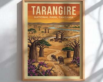 Puede incluir: Un póster de viaje enmarcado que muestra un paisaje del Parque Nacional Tarangire, Tanzania. La ilustración representa un camino de tierra sinuoso, baobabs, un río y elefantes en una sabana bajo un cielo naranja con el texto Tarangire.