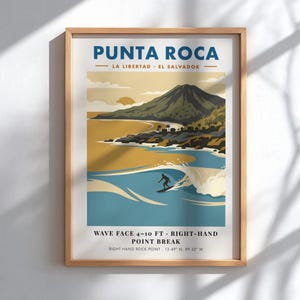 May include: A framed travel poster titled PUNTA ROCA LA LIBERTAD EL SALVADOR featuring a stylized illustration of a surfer on a wave, a coastal mountain, and text stating WAVE FACE 4-10 FT RIGHT-HAND POINT BREAK RIGHT-HAND ROCK POINT 13.49 N, 89.32 W.