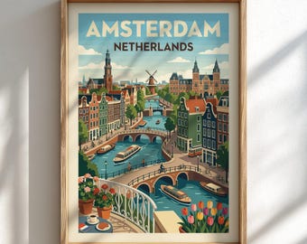 May include: A framed travel poster of Amsterdam, Netherlands, featuring a canal scene with historic buildings, bridges, boats, and a windmill. The foreground shows a balcony with potted flowers and a table, all rendered in a colorful, illustrative style.
