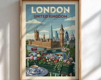Puede incluir: Un póster de viaje enmarcado de Londres, Reino Unido, con el Parlamento, el Big Ben y el Shard. En primer plano, un balcón con una jardinera de flores coloridas y una taza de té con motivos azules y blancos sobre un plato a juego.