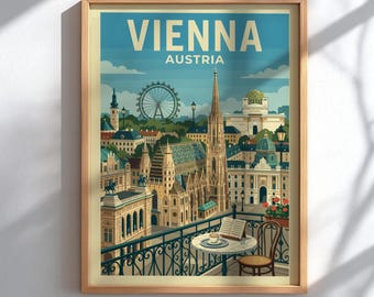May include: A framed travel poster featuring a view of Vienna, Austria, with the text VIENNA AUSTRIA at the top. The illustration shows a city skyline with a Ferris wheel, a tall church spire, and a balcony with a small table, chair, and book.