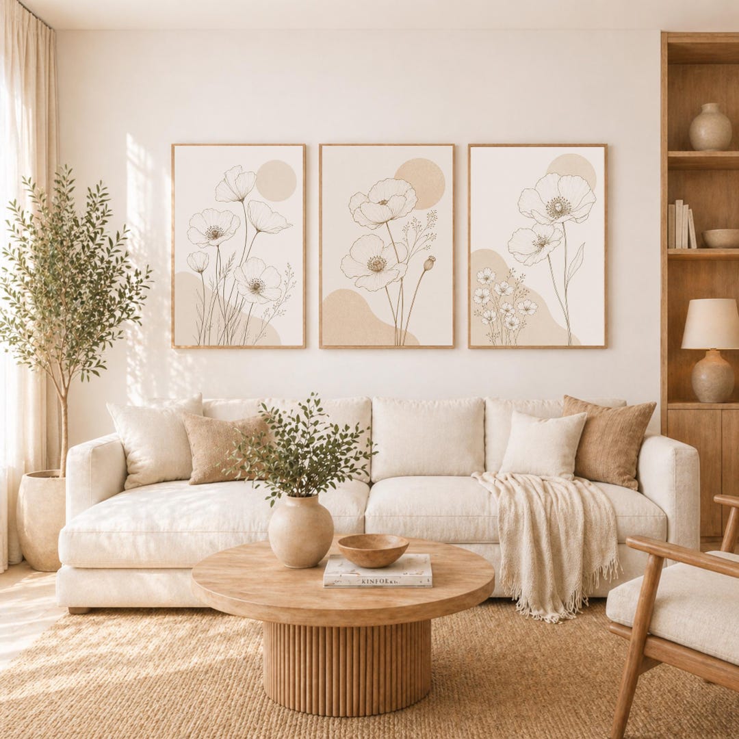 Neutral Botanical Wall Art Set of 3, Beige Floral Prints, Minimalist ...
