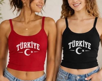 Turkiye Crop Tank Top, Turkey Fan Shirt Women,  Spaghetti Strap Cami, Turkey 2026 Gift for Her,  Micro Rib Top
