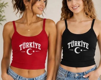 Turkiye Crop Tank Top, Turkey Fan Shirt Women,  Spaghetti Strap Cami, Turkey 2026 Gift for Her,  Micro Rib Top