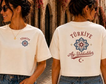 Turkije voetbal crop top, Turkiye Ay-Yildizlilar shirt, boxy crop T-shirt, cadeau Turkse voetbalfan, vintage tegel mozaïek ontwerp, comfortabele kleuren