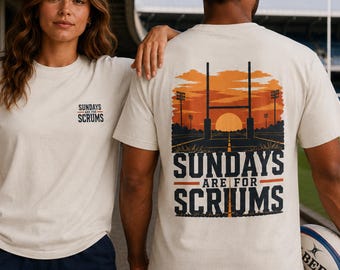 Rugby Shirt, Sundays Are For Scrums Tee, Funny Rugby T-Shirt, Rugby Lover Graphic Tee, Two Sided Print, Oversized Vintage Sunset Tee
