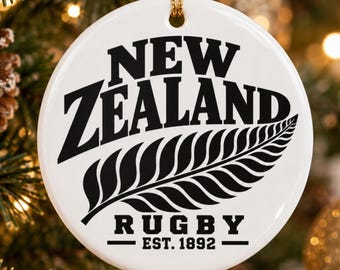 New Zealand Rugby Ornament | Silver Fern Christmas Ornament | Kiwi Rugby Gift | Ceramic Holiday Tree Decor for Rugby Fans