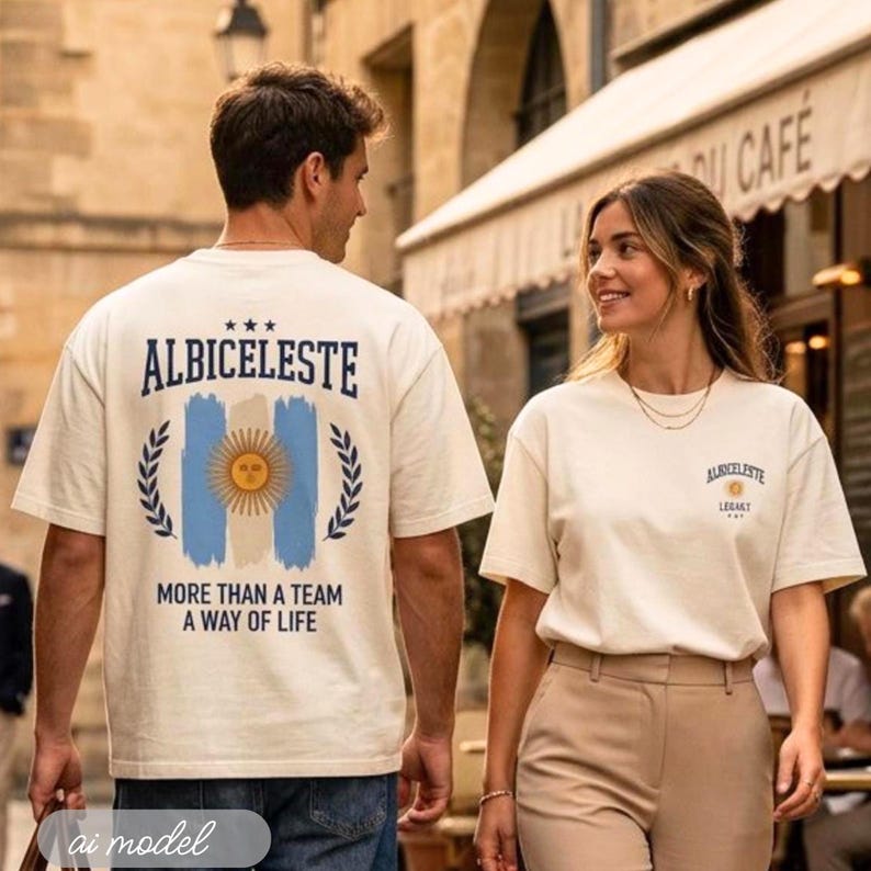 May include: An off-white t-shirt featuring a large graphic on the back with the text ALBICELESTE, three stars, a sun emblem, and the phrase MORE THAN A TEAM A WAY OF LIFE. The front of the shirt displays a smaller logo with the same text and sun.