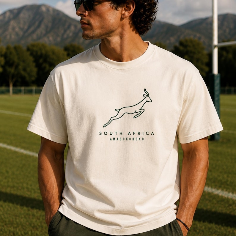 A man wearing a cream-colored t-shirt with a green outline of a jumping springbok and the words "SOUTH AFRICA AMABOKOBOKO" below it, standing on a rugby field.