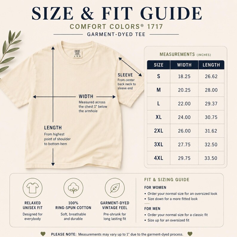 May include: A cream-colored Comfort Colors 1717 garment-dyed t-shirt displayed with a size and fit guide. The image includes a measurement chart in inches for sizes S through 4XL, along with diagrams indicating width, length, and sleeve measurements.