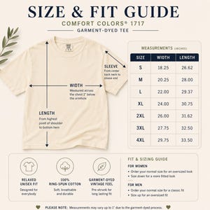 A size and fit guide chart next to a folded cream-colored t-shirt with measurement arrows.