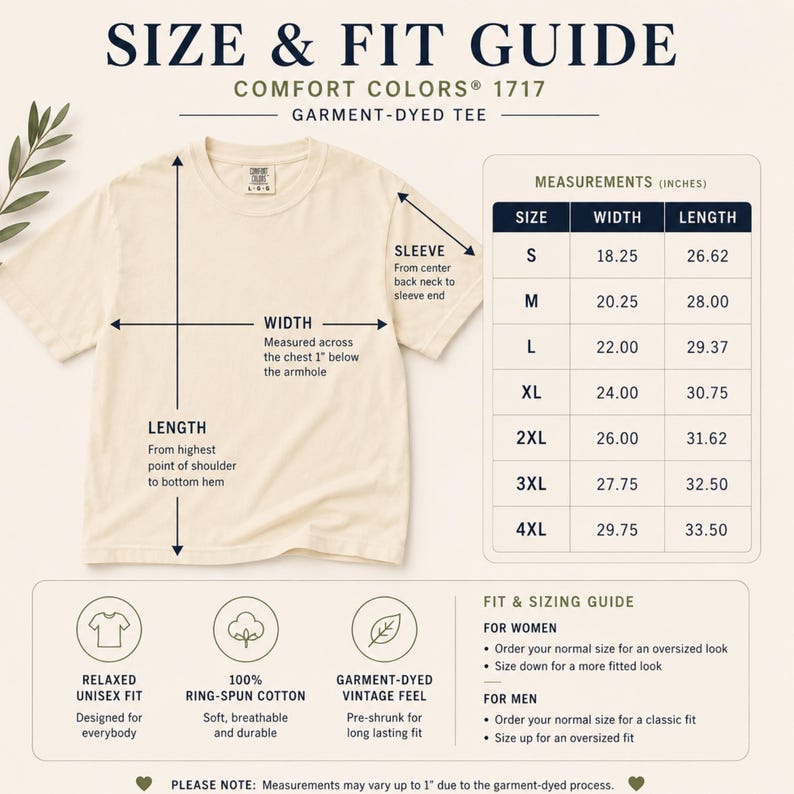 A size and fit guide chart next to a folded cream-colored t-shirt with measurement arrows.