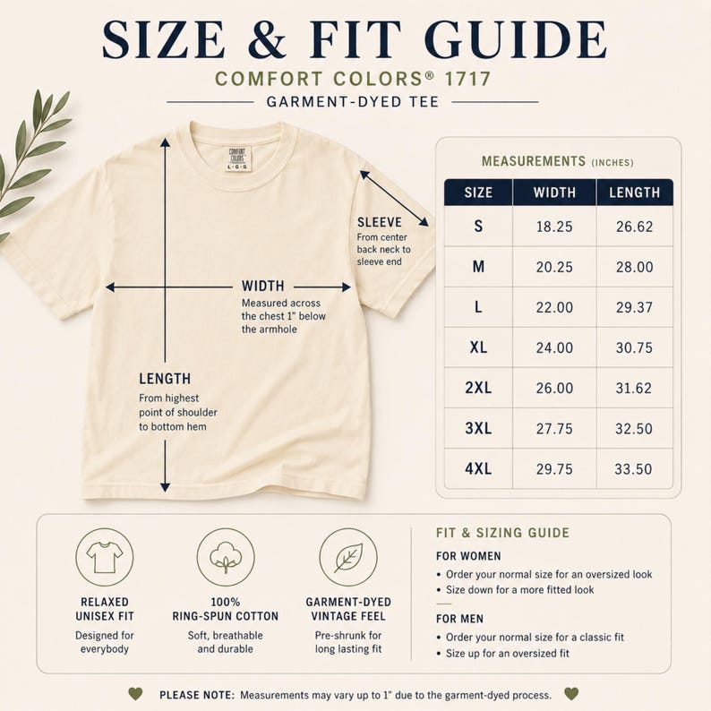 A size chart for Comfort Colors 1717 Garment-Dyed Tee, showing measurements for length, width, and sleeve for sizes S to 3XL, and fit advice.