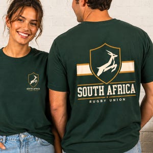 Camiseta de rugby de Sudáfrica, camiseta con el escudo de los Springboks, camiseta verde de rugby, regalo de rugby sudafricano, camiseta con escudo vintage